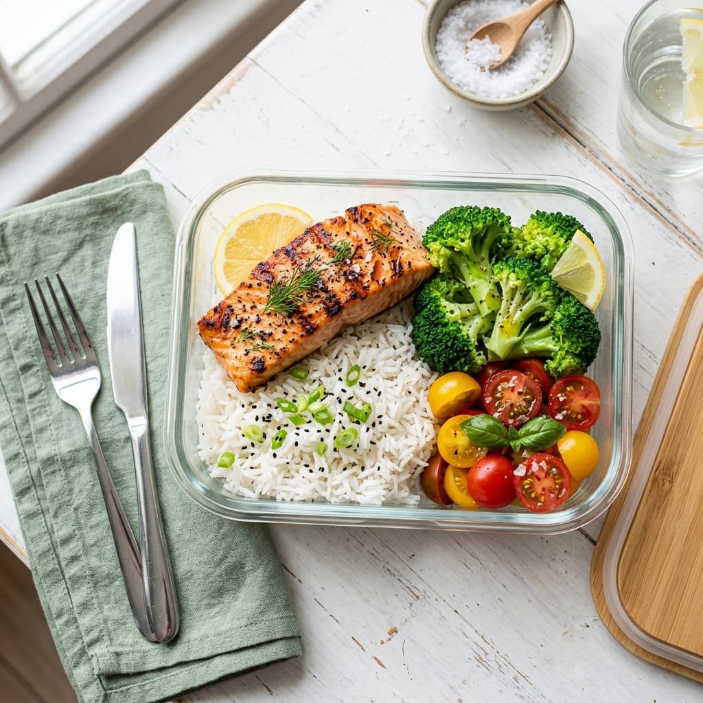 Handcrafted gourmet lunchbox with salmon, rice, and broccoli